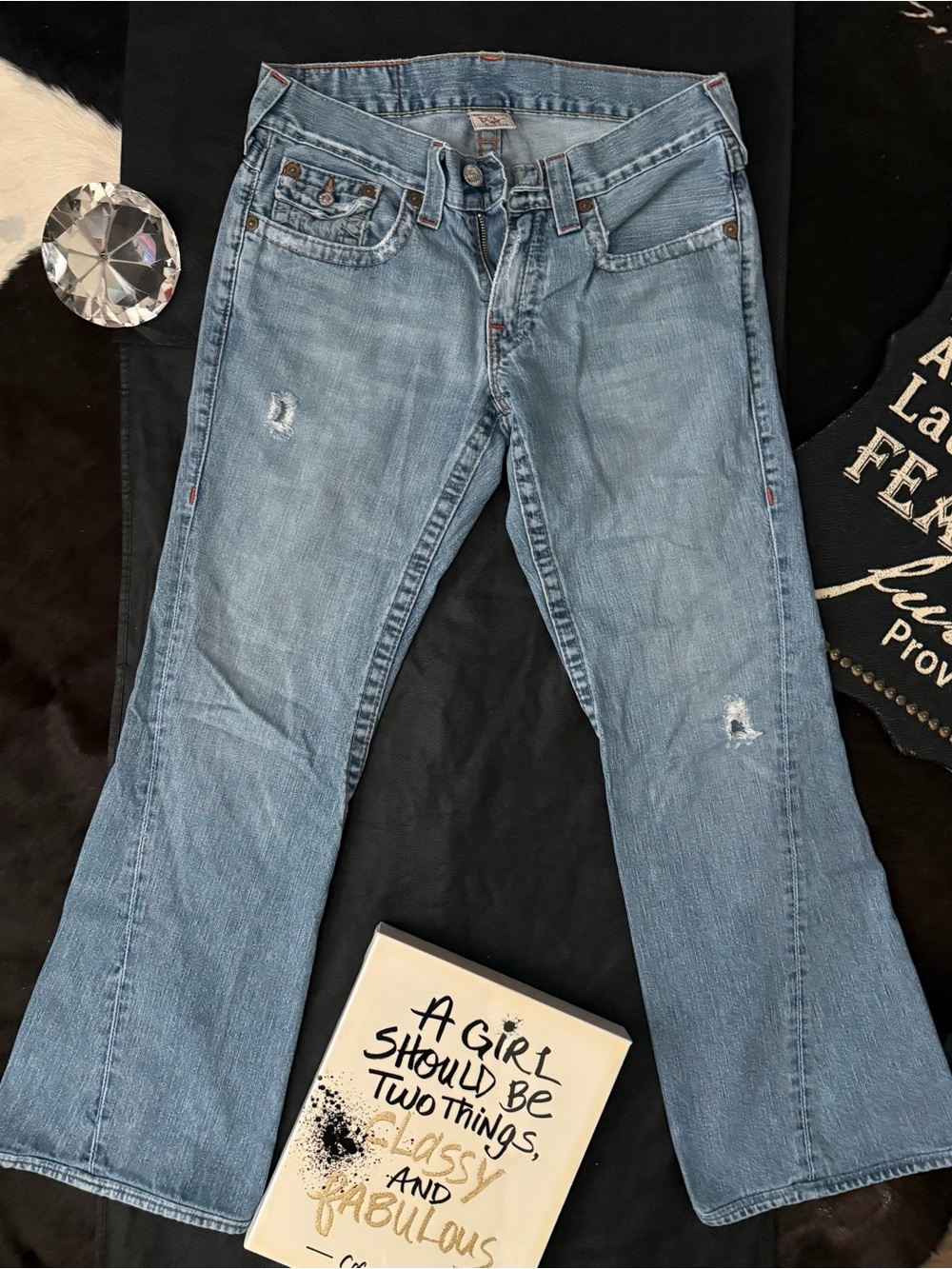 True Religion Light Blue Distressed Flare Jeans